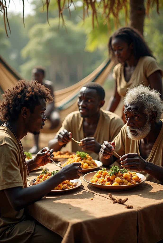 Un repas dans un ferme en Côte d'Ivoire, un jeune homme blanc aux cheveux bruns longs est dégout par 3 vieux hommes noirs qui mangent avec les mains dans un plat commun un écureuil dans la sauce, du fufu et des chenilles. Une fille noire de 8 et une jeune fille noire de 24 ans se reposent juste à côté dans des hamacs. 