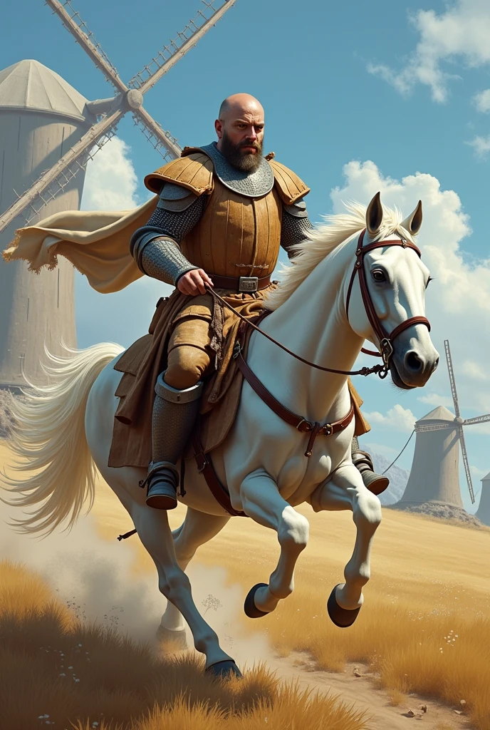 A knight in fake armor made of wood and fabric, run away from some windmills, mounted on his white horse