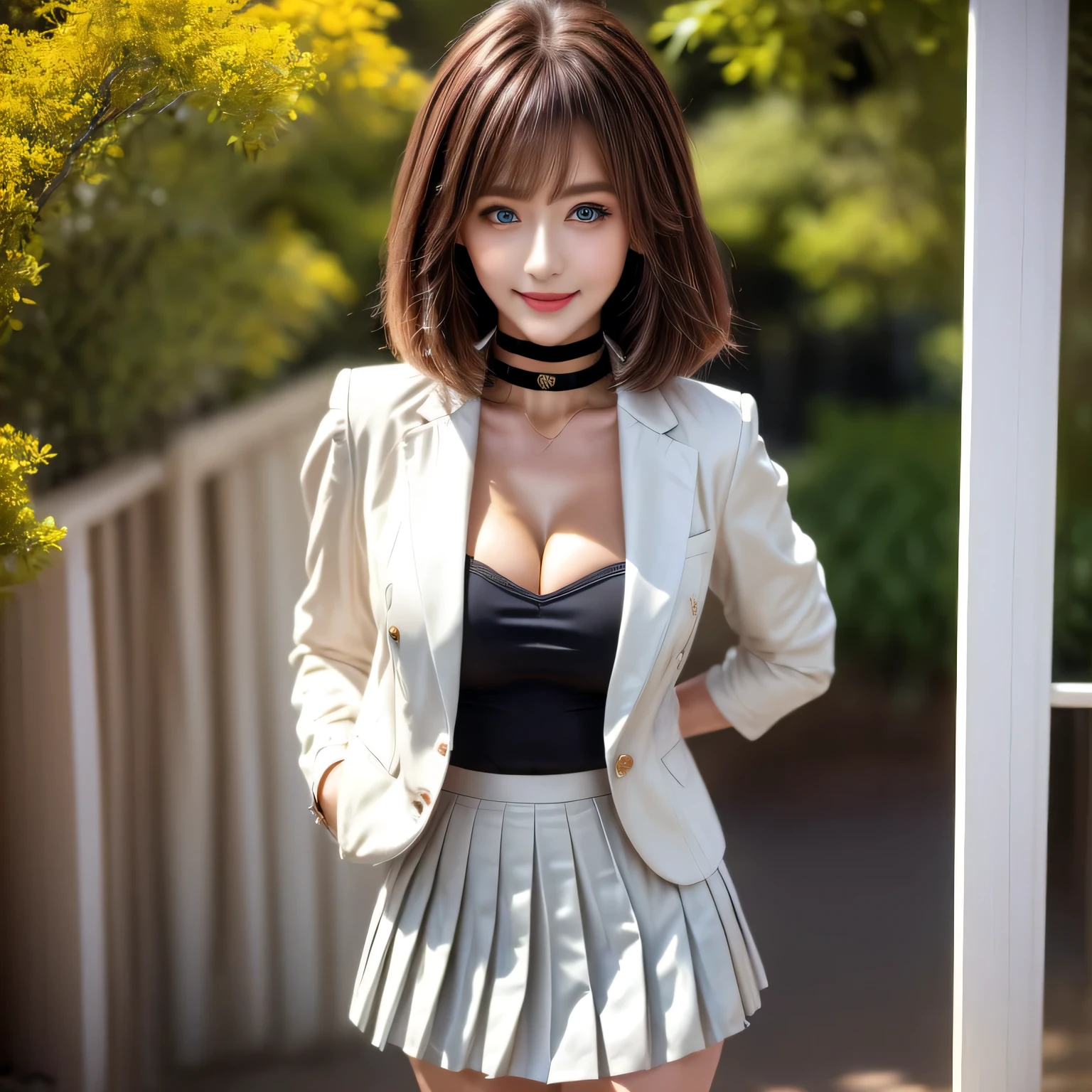 masterpiece, Front view, Cute Japanese aristocratic woman, (輝くBrown Hair, Straight length Hair), ((Ivory business jacket, Pleated mini skirt)), Very cute face, Glossy Lips, Double eyelids on both eyes, Natural Makeup, Brown Hair, Asymmetrical bangs, High resolution, Attention to detail, Detailed hairstyle, Detailed face, Octane Rendering, Ultra-realistic, Perfect limbs, ((Black choker)), blue eyes, (Big Breasts), ((The body is slim:1.5)), Cool Beauty, ((Slim face)), smile, Mature Woman, Browsing Caution:-1.2, length, bushy eyelashes, Cleavage, ((Western Garden, erupt)), Fancy Meals, Meat dishes, Private room,
