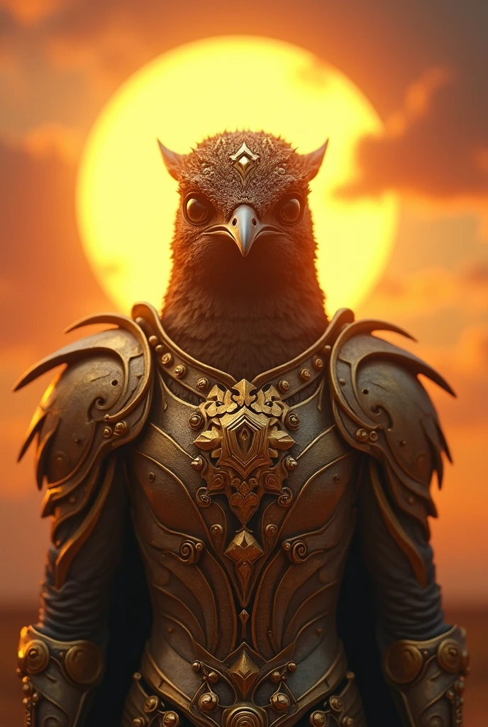 (Close-up of a powerful hummingbird:1.5), (Facing forward, wearing intricate golden armor:1.3), (Majestic and strong, standing alone:1.2), (Epic sunset background:1.1), (Radiant light around the hummingbird:1.2), (Symbolic landscape reflecting strength, unity, and determination:1.0)