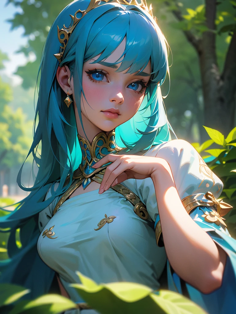 A princess with sparkling blue hair and light blue eyes, in a palace garden, detailed facial features, elegant dress, serene expression, lush greenery, ornate architecture, sunlight filtering through trees, (best quality,4k,8k,highres,masterpiece:1.2),ultra-detailed,(realistic,photorealistic,photo-realistic:1.37),intricate details,vibrant colors,dramatic lighting,fantasy,cinematic composition