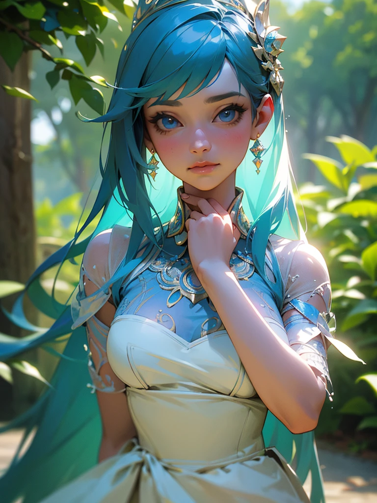 A princess with sparkling blue hair and light blue eyes, in a palace garden, detailed facial features, elegant dress, serene expression, lush greenery, ornate architecture, sunlight filtering through trees, (best quality,4k,8k,highres,masterpiece:1.2),ultra-detailed,(realistic,photorealistic,photo-realistic:1.37),intricate details,vibrant colors,dramatic lighting,fantasy,cinematic composition