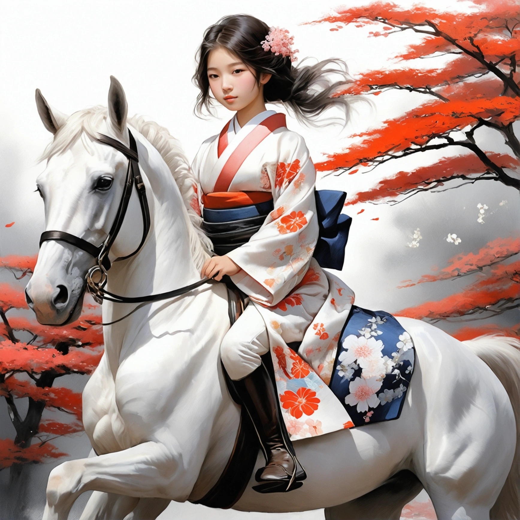Please draw a picture of a young girl in a kimono riding a white horse., flower々to pass through