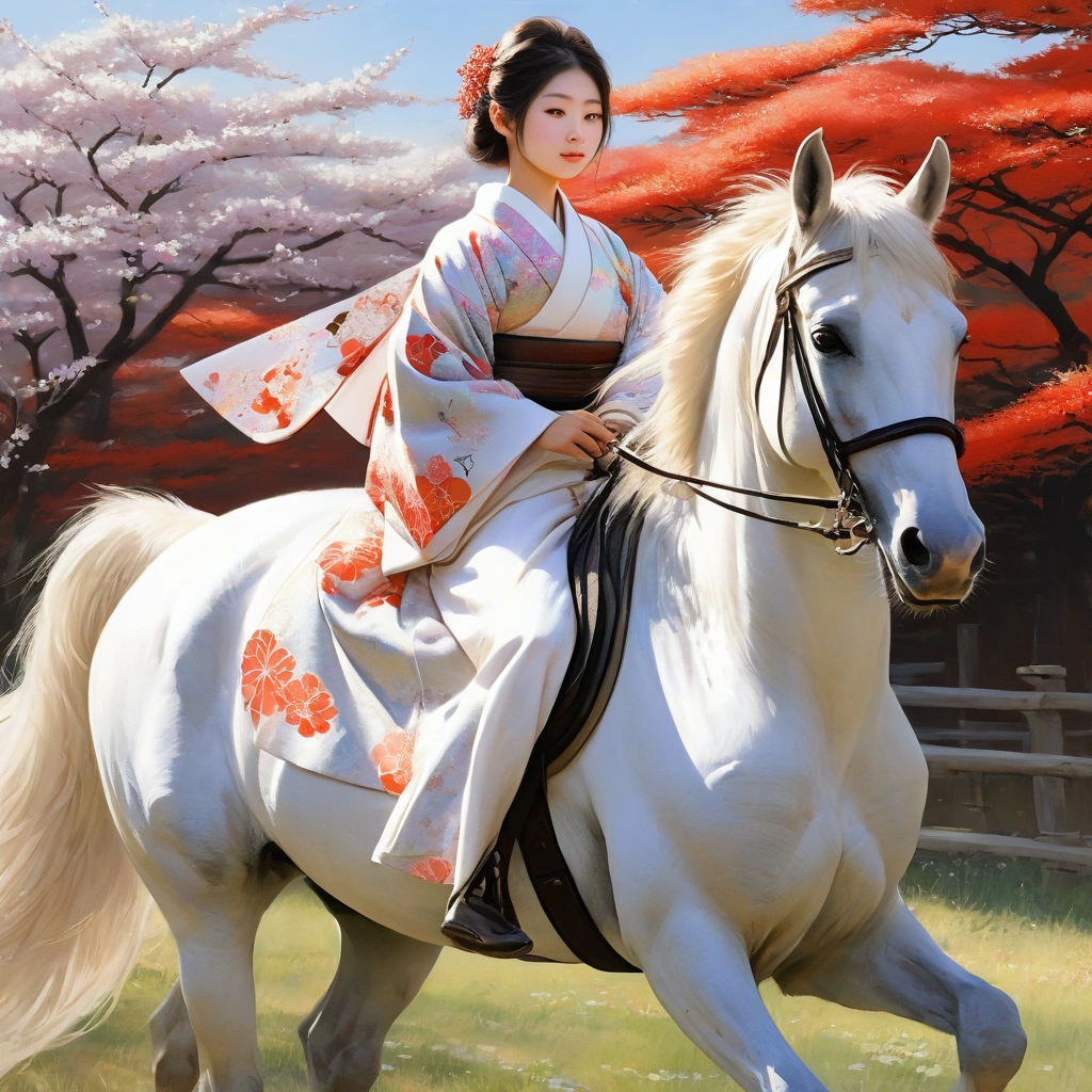 Please draw a picture of a young girl in a kimono riding a white horse., flower々to pass through