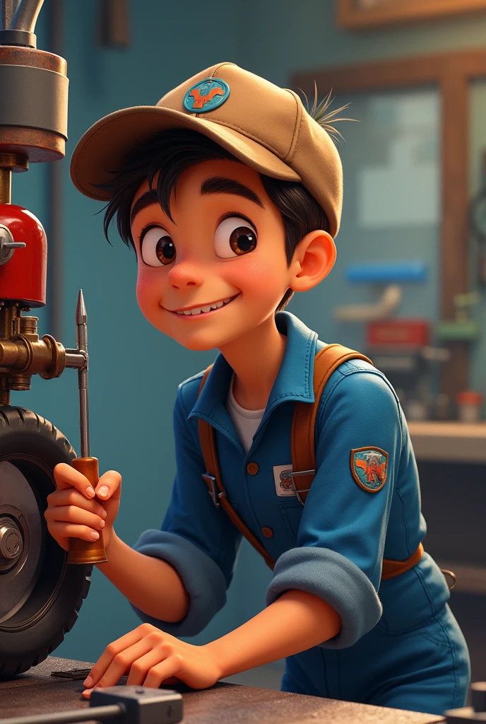 Draw a young Disney-style mechanic wearing a blue jumpsuit and holding a screwdriver in his hand 