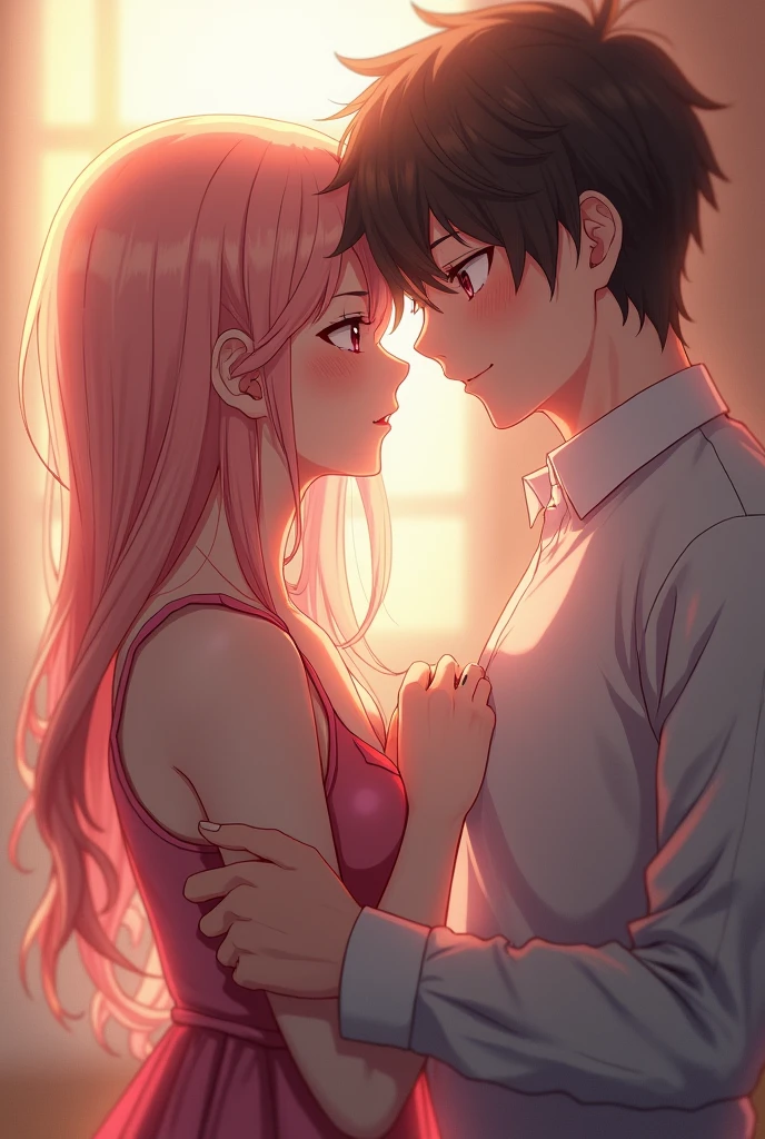 (best quality,4k,8k,highres,masterpiece:1.2),ultra-detailed,(realistic,photorealistic,photo-realistic:1.37), A man with dark brown hair, hugs and kisses woman,human interaction,lovers in embrace, genuine love,pink-haired woman,black skirt,light pink blouse, romantic atmosphere,emotional connection,sweet moment,soft lighting,vivid colors