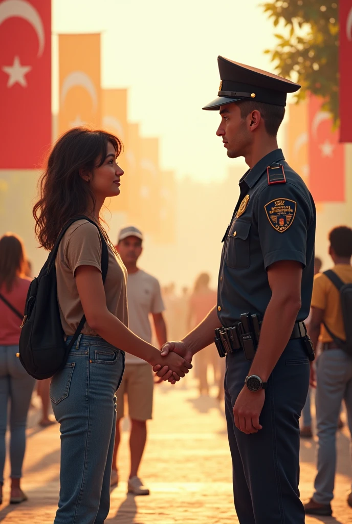 Create an image of a protester and a state agent shaking hands in a gesture of goodwill. Show the two individuals—one in casual, protest attire and the other in a uniform with official insignia—engaging in a handshake that symbolizes mutual respect and cooperation. Place them in a neutral or calming setting, such as a park or a community center, with elements like banners and flags in the background that suggest a peaceful resolution. Use warm lighting and harmonious colors to convey a sense of reconciliation and positive engagement, highlighting the gesture as a symbol of bridge-building and understanding.







































