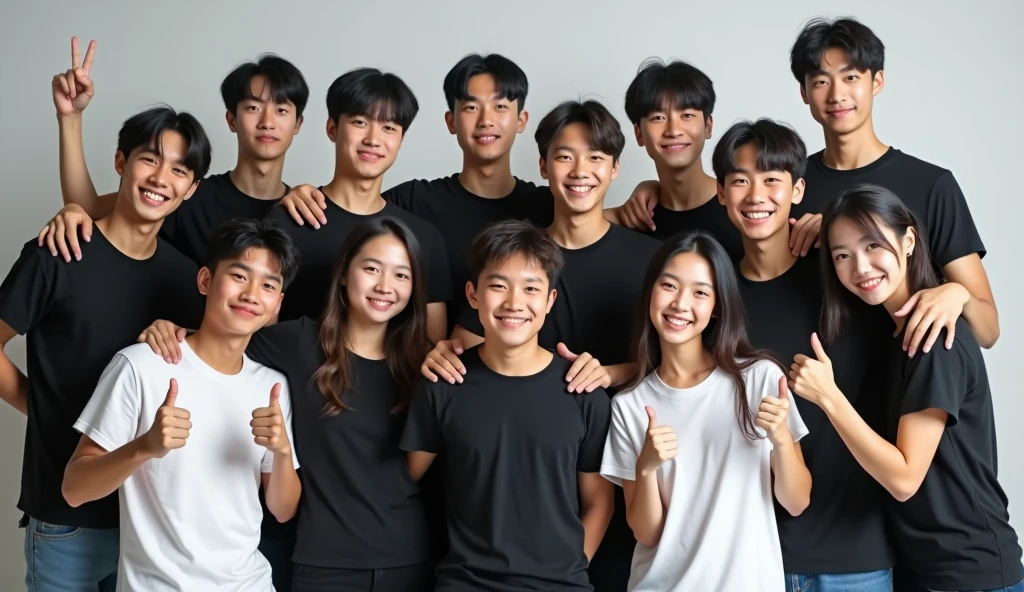 15 people including 10 Korean male teenagers wearing black t-shirts and 2 others wearing long sleeves and 1 male teenager with long hair accompanied by 5 Japanese female teenagers wearing plain white t-shirts with chest-length hair and one of the female teenagers has short hair, and 1 man standing in the front row, 1 person shows two fingers to the camera, 2 women hug each other, 5 men embrace each other's shoulders, 1 man raises his hand, 1 man shows off his muscles while holding a barbell, 1 man touches his head with his index finger like a smart person, 2 other men give thumbs up to the camera, 2 other women embrace each other's shoulders, hd quality, realistic