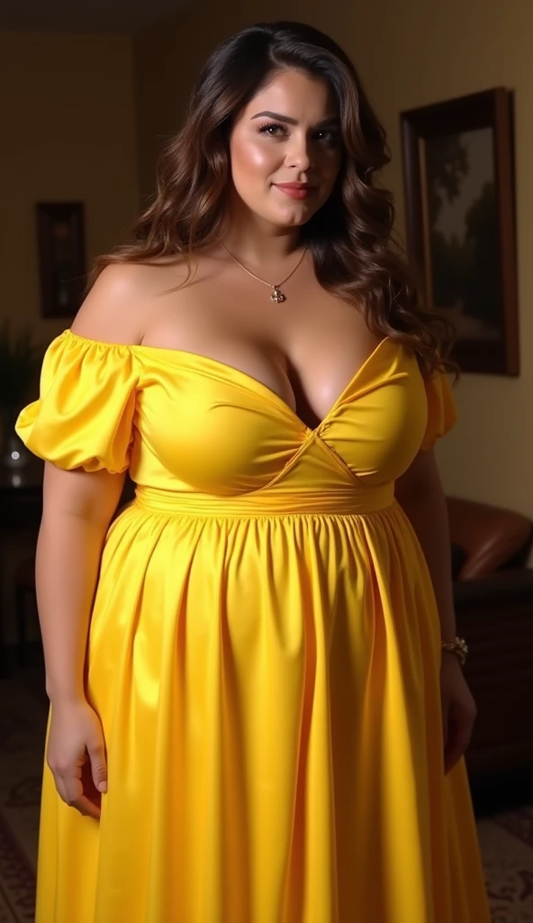 The AVN Award for Sultry Plus-Size Exhibitionist Amorous voluptuous lady with deep V-neck blouse cleavage, adorned in a satin-like vibrant yellow dress with an off-the-shoulder neckline and puffed sleeves. Her flowing, full-length skirt flatters her curvy figure, making her feel confident and beautiful.