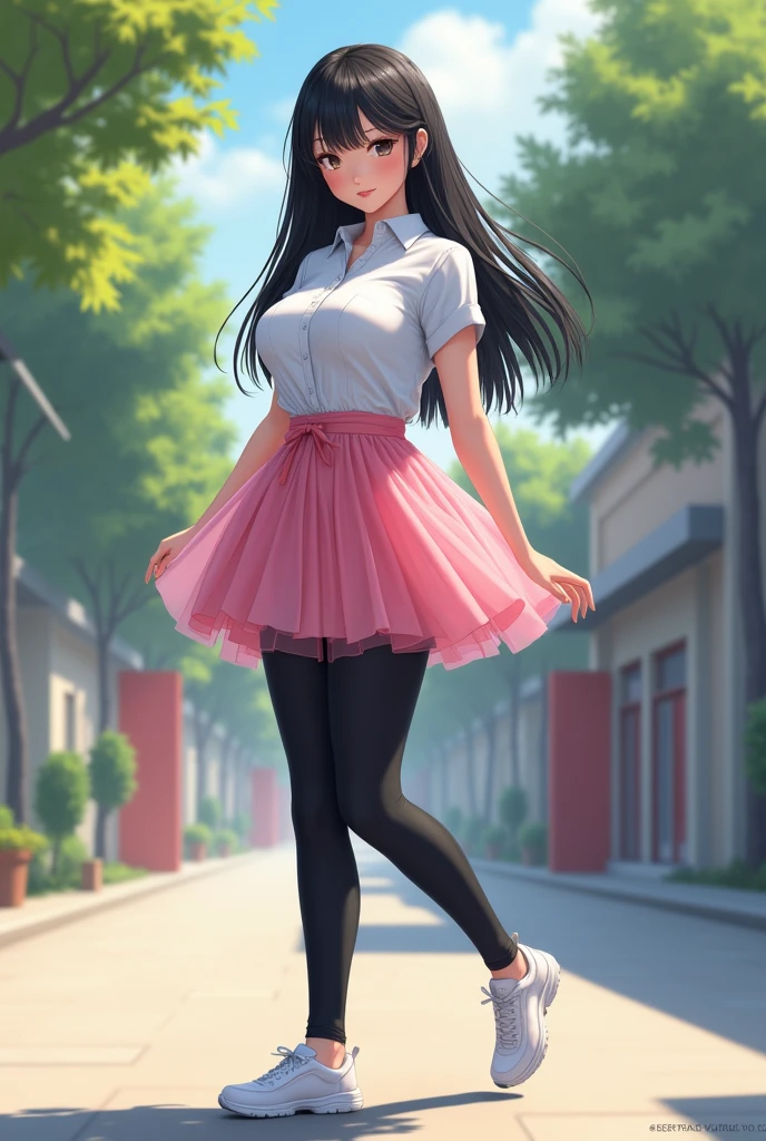 a teenage girl who is going to school who has straight black hair. and it's white. This girl has a uniform outfit with black pants and a pink tutu. White shoe. she has big breasts and a big ass