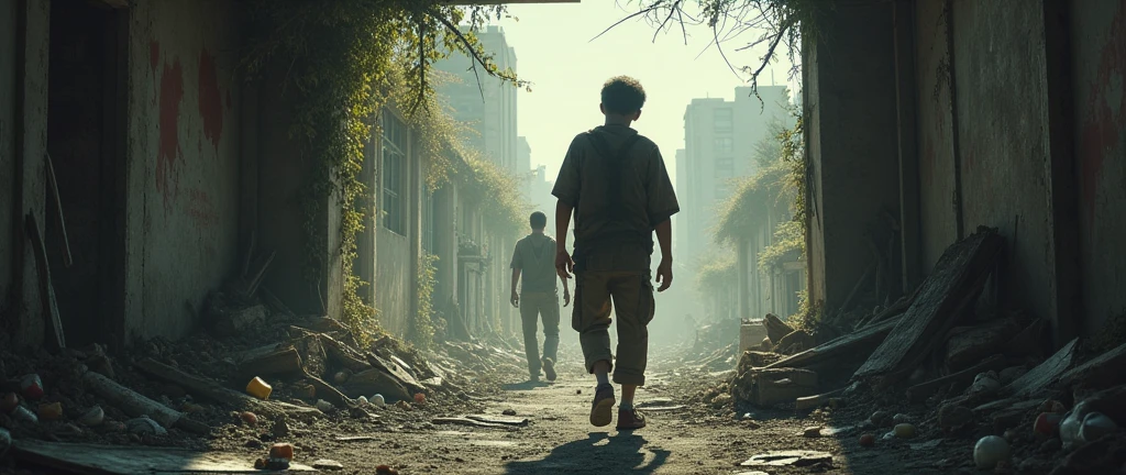 Apocliptic world left right zombie and one adult boy food and sytem window