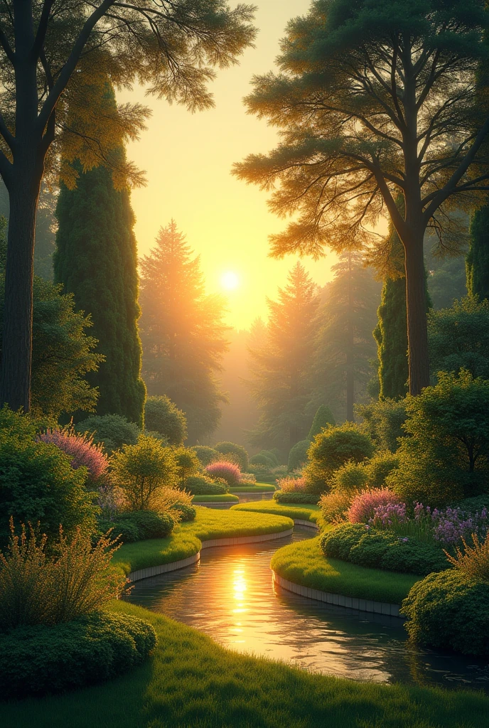 the sun starts to set, the garden glows with a warm, golden light.