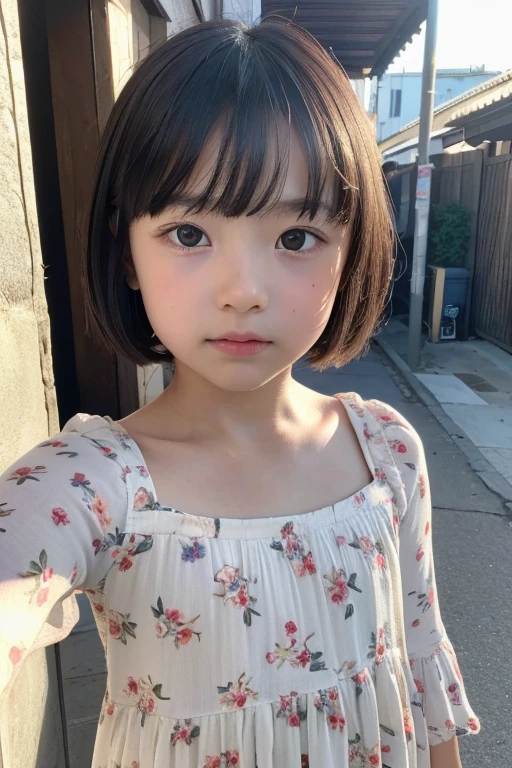 (best quality, masterpiece:1.4), ultra high res, 8k, ultra-detailed, (photo-realistic:1.2), RAW photo, perfect anatomy, detailed face, detailed eyes, detailed skin, 1girl, cute, Japanese, (little kid girl:1.3), short hair, bangs, standing, (taking a selfie:1.3), flower patterned dress, black hair, soft light, cinematic lighting, cinematic shadows, (looking at viewer:1.2), street