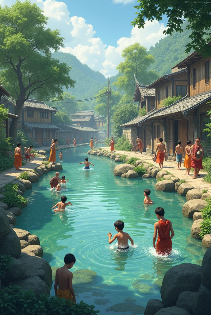 Village pond, villagers are taking bath, childrens are jumping into the pond, hyper realistic image