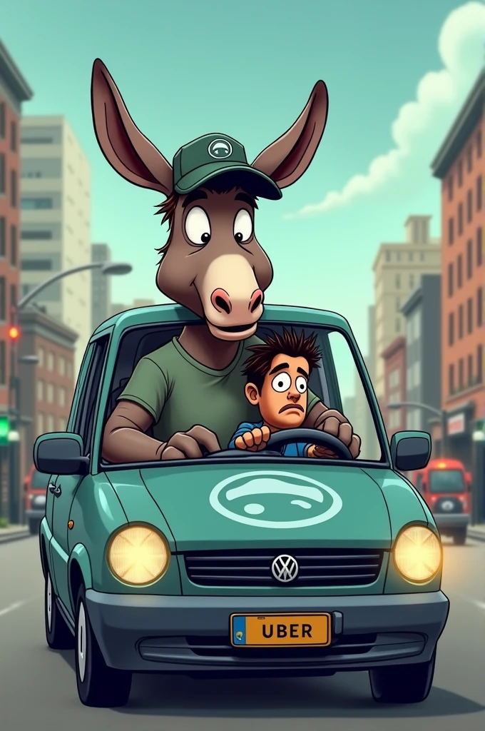 Donkey driving a car with Uber as a passenger
