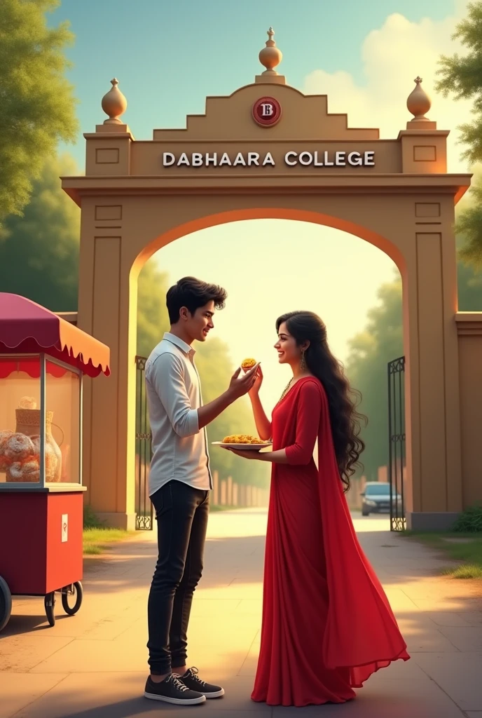 There should be a college, the college should have a big gate, &#39;Dabhaara College&#39; should be written on the gate, there should be a golgappe bag near the gate, near that golgappe bag there should be a boy whose shirt is white and jeans are black, there should be a girl who is wearing a red salwar suit, who has a plate of golgappas in one hand and a golgappa in the other hand, whom she is feeding the boy with her hands 