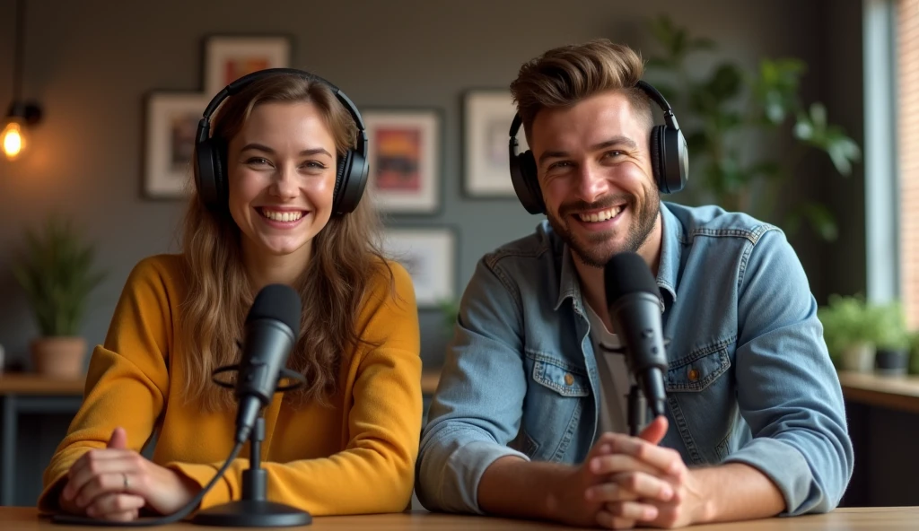 A realistic image of a podcast room featuring a beautiful young woman and a handsome young man. Both are sitting at a table with big, genuine smiles on their faces, exuding happiness and warmth. They each wear headphones over their ears, connected to microphones on the table. The room is well-lit with soft, ambient lighting, and there are subtle decorations in the background like framed posters or soundproofing panels. The overall vibe is professional yet inviting, capturing the excitement and joy of recording a podcast together."
