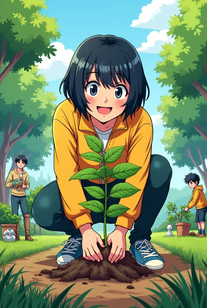 Give me an environmentally friendly manga style image,planting a tree