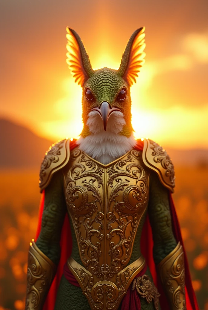 (Close-up of a powerful hummingbird:1.5), (Facing forward, wearing intricate golden armor:1.3), (Majestic and strong, standing alone:1.2), (Epic sunset background:1.1), (Radiant light around the hummingbird:1.2), (Symbolic landscape reflecting strength, unity, and determination:1.0)