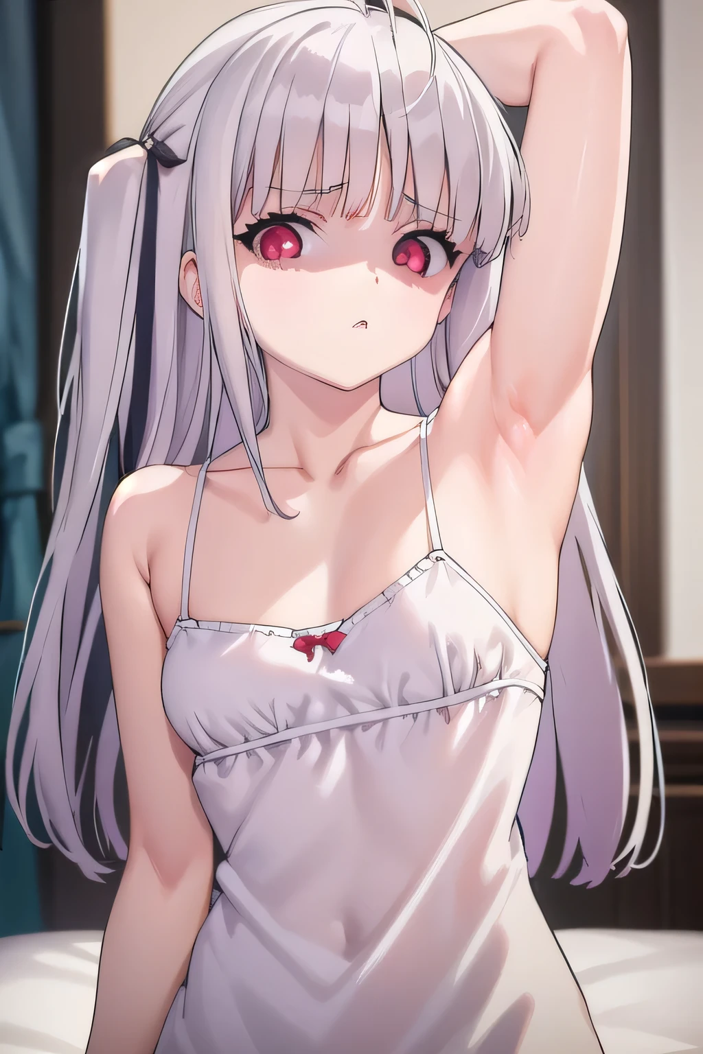 masterpiece, best quality, ultra-high-detailed, disgusted face, white hair, red eyes, sigtuna julie , small breast, arm behind head, left arm, fit body, camisole , bare shoulder, Collarbone , armpit crease , looking to viewer, near shot, focus to armpit, mirroring, front shot, upper body, showing armpit , unpleasure, disdaining , furious 