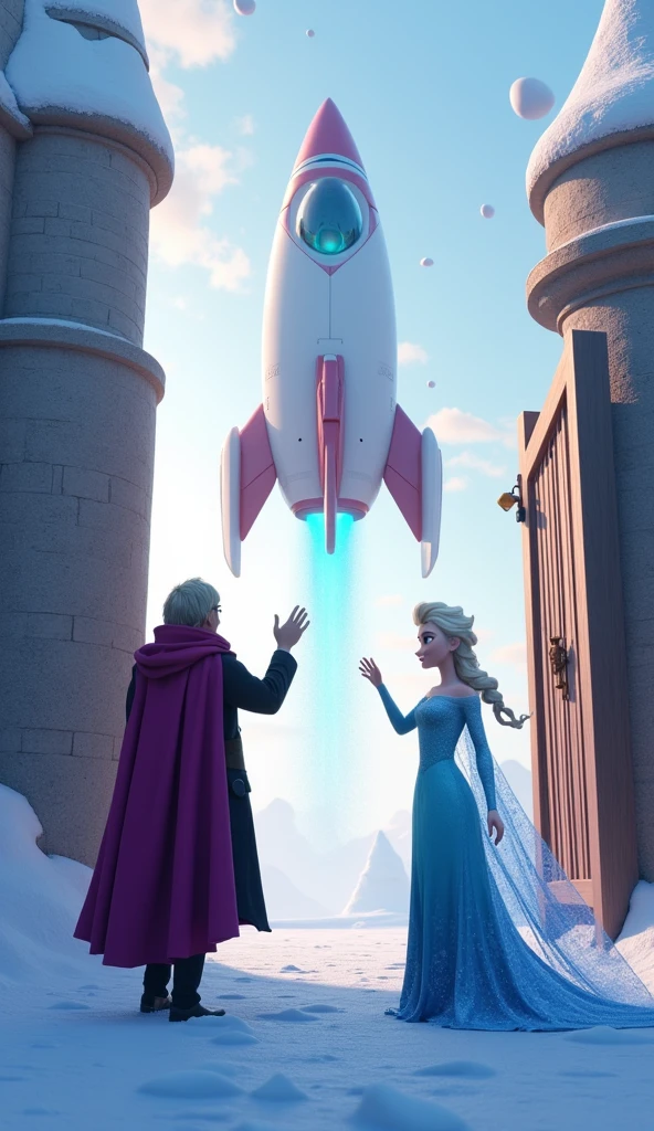 Dr. Minion standing next to the spaceship, wave goodbye Elsa, while Elsa stood in front of the castle gates, smiled and waved back. The spaceship began to fly into the sky., away, with Elsa standing still watching, surrounded by a quiet winter scene.