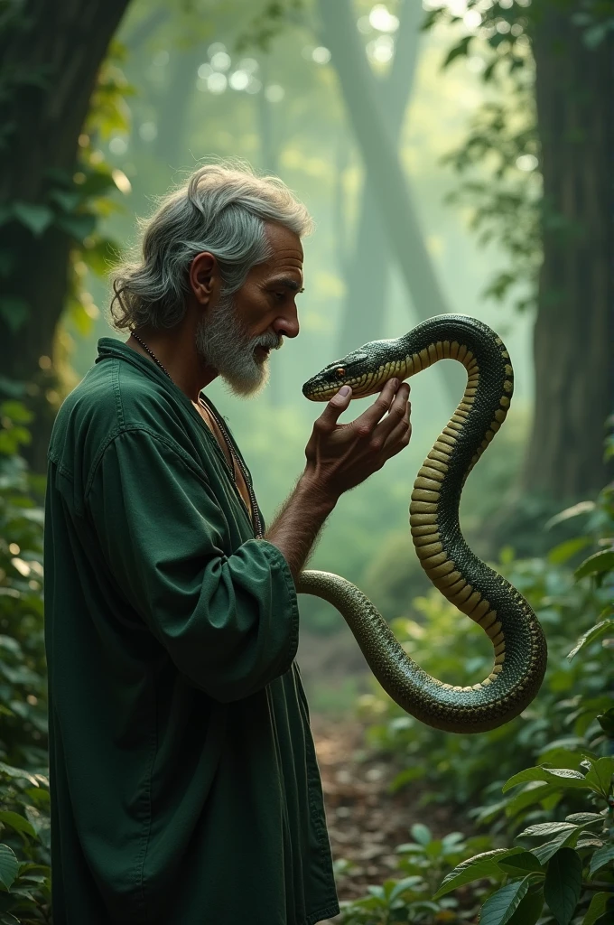 a man in the forest and an heirloom snake