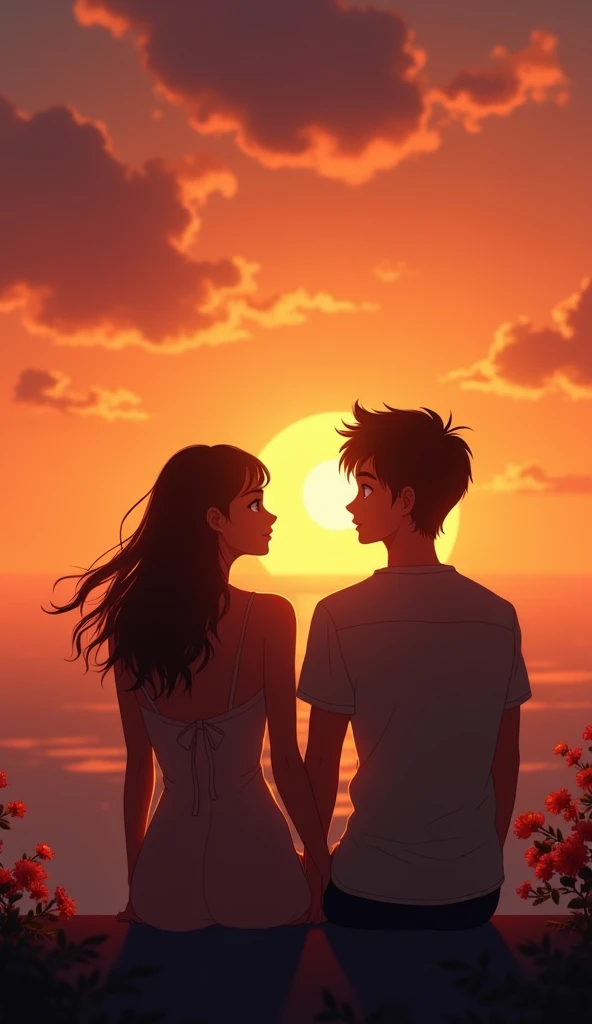 The couple(young man and woman )standing or sitting together during sunset, with the warm glow of the sun creating a romantic atmosphere. They could be gazing at the horizon or at each other, with the sunset light casting a soft glow on them.