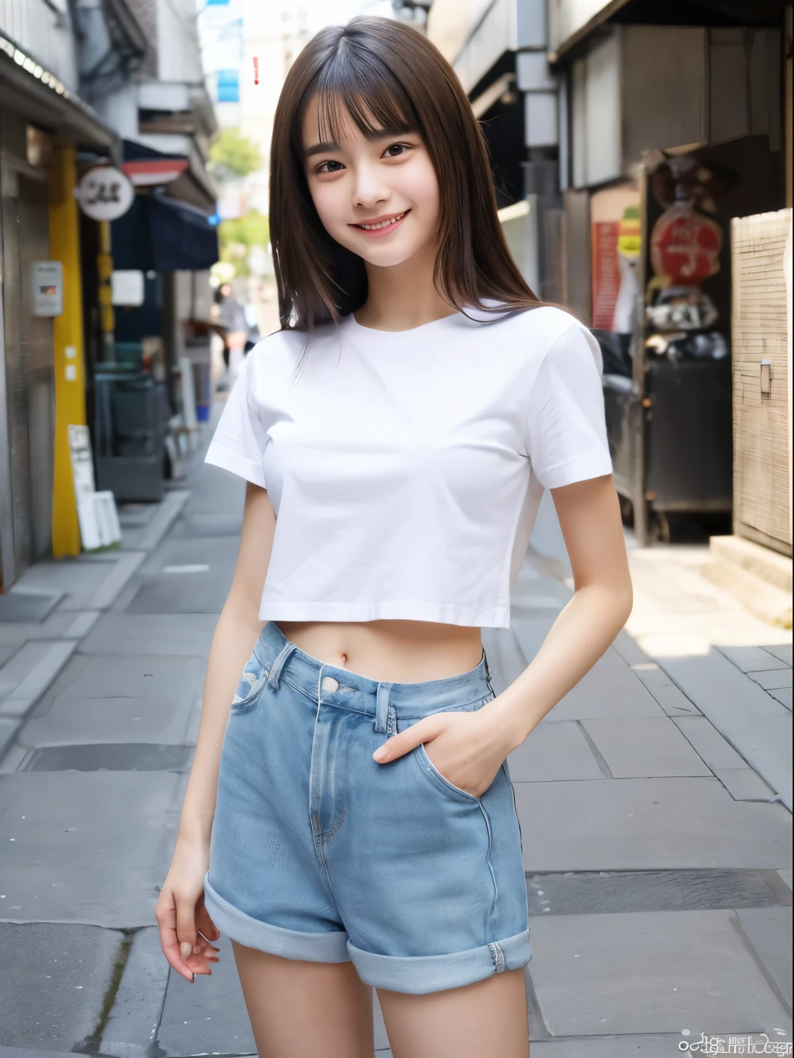 (8k, Top quality, Masterpiece:1.2), (Realistic, photo-realistic:1.37), Super detailed, perfect anatomy, cute, small eyes, 18 years old, a Japanese, girl, short sleeve, at alley, posing, smile, full body,