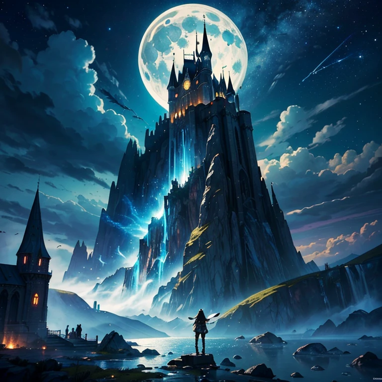 (masterpiece, best quality, ultra-detailed, illustration, high resolution, perfect face), solo, 1man, wizard, flying, night sky, outdoors, magic, spells, moon, stars, clouds, wind, mysterious, enchanting, whimsical, adventurous, wonder, imagination, determination, skill, speed, movement, energy, realism, naturalistic, fantasy culture, mythology, legends, wizards, magical creatures, fantasy worlds, composition, scale, foreground, middle ground, background, perspective, light, color, texture, detail, powerful young wizard, druïd, dark magic, magic city, sinsiter character, floating, above city, castle, towers, monumental background, depth:1.3