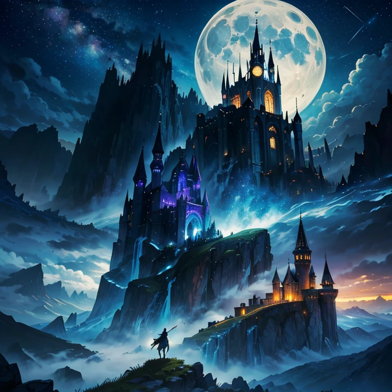 (masterpiece, best quality, ultra-detailed, illustration, high resolution, perfect face), solo, 1man, wizard, flying, night sky, outdoors, magic, spells, moon, stars, clouds, wind, mysterious, enchanting, whimsical, adventurous, wonder, imagination, determination, skill, speed, movement, energy, realism, naturalistic, fantasy culture, mythology, legends, wizards, magical creatures, fantasy worlds, composition, scale, foreground, middle ground, background, perspective, light, color, texture, detail, powerful young wizard, druïd, dark magic, magic city, sinsiter character, floating, above city, castle, towers, monumental background, depth:1.3
