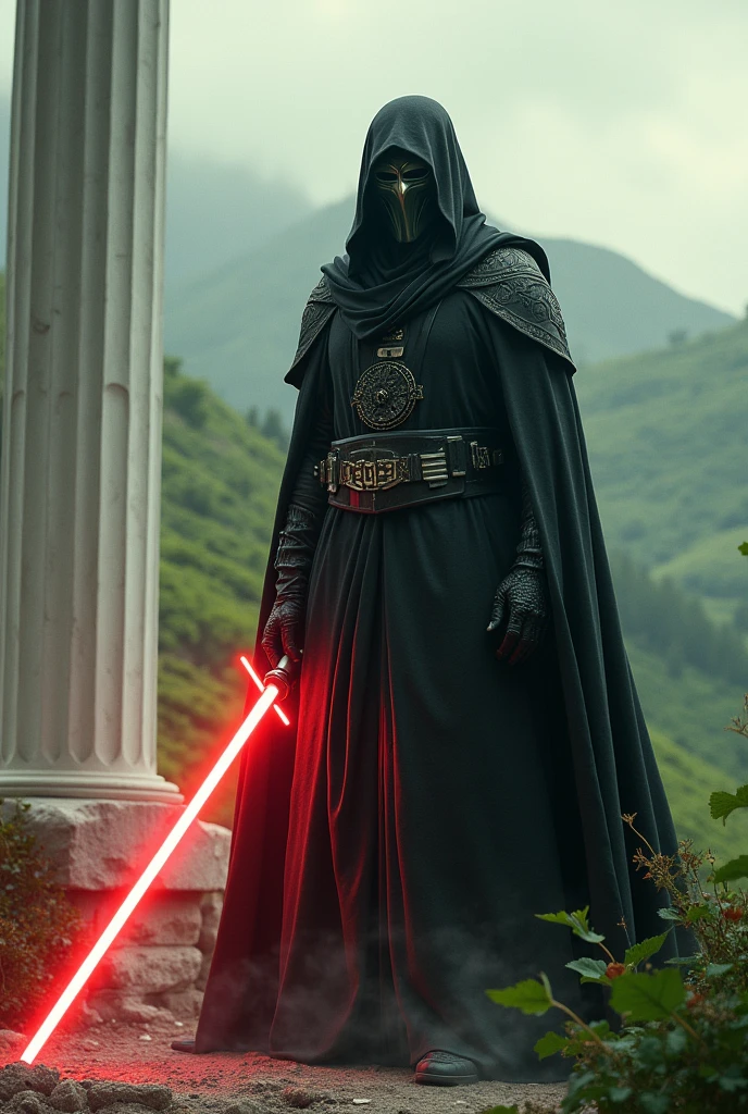 The country italy as a Sith Lord from Star Wars, no Person but anything else, colors white, green and red, red lightsaber, scary, frightening, ultra-realistic
