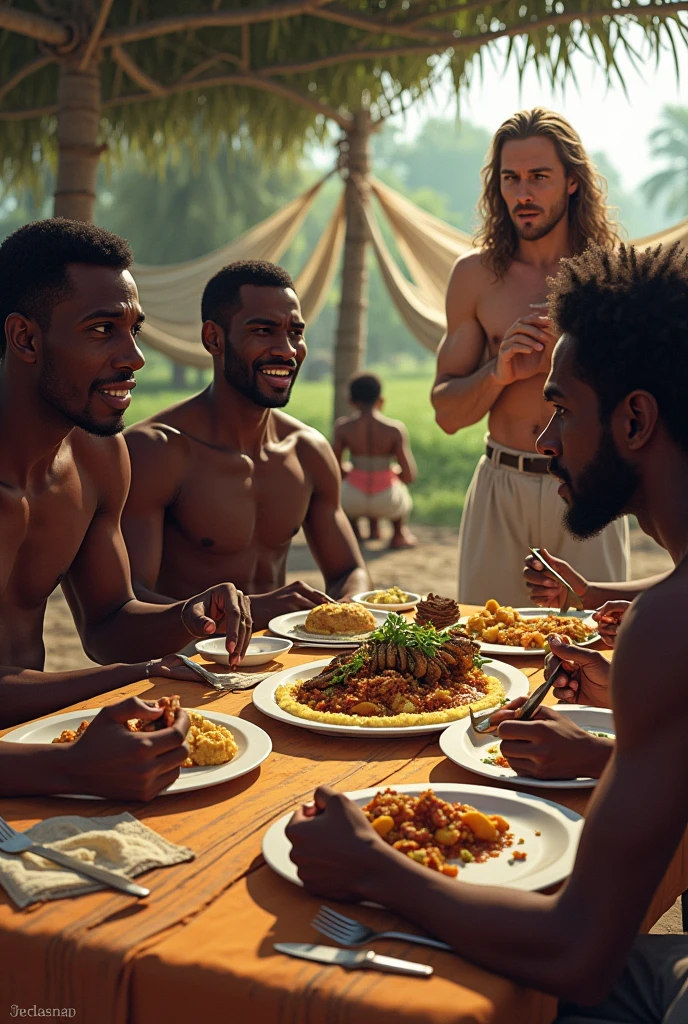 Un repas dans un ferme en Côte d'Ivoire, un homme blanc aux cheveux bruns longs est dégout par 3 hommes noirs qui mangent avec les mains dans un plat commun un écureuil dans la sauce, du fufu et des chenilles. Une fille noire de 8 et une jeune fille noire de 24 ans se reposent juste à côté dans des hamacs.