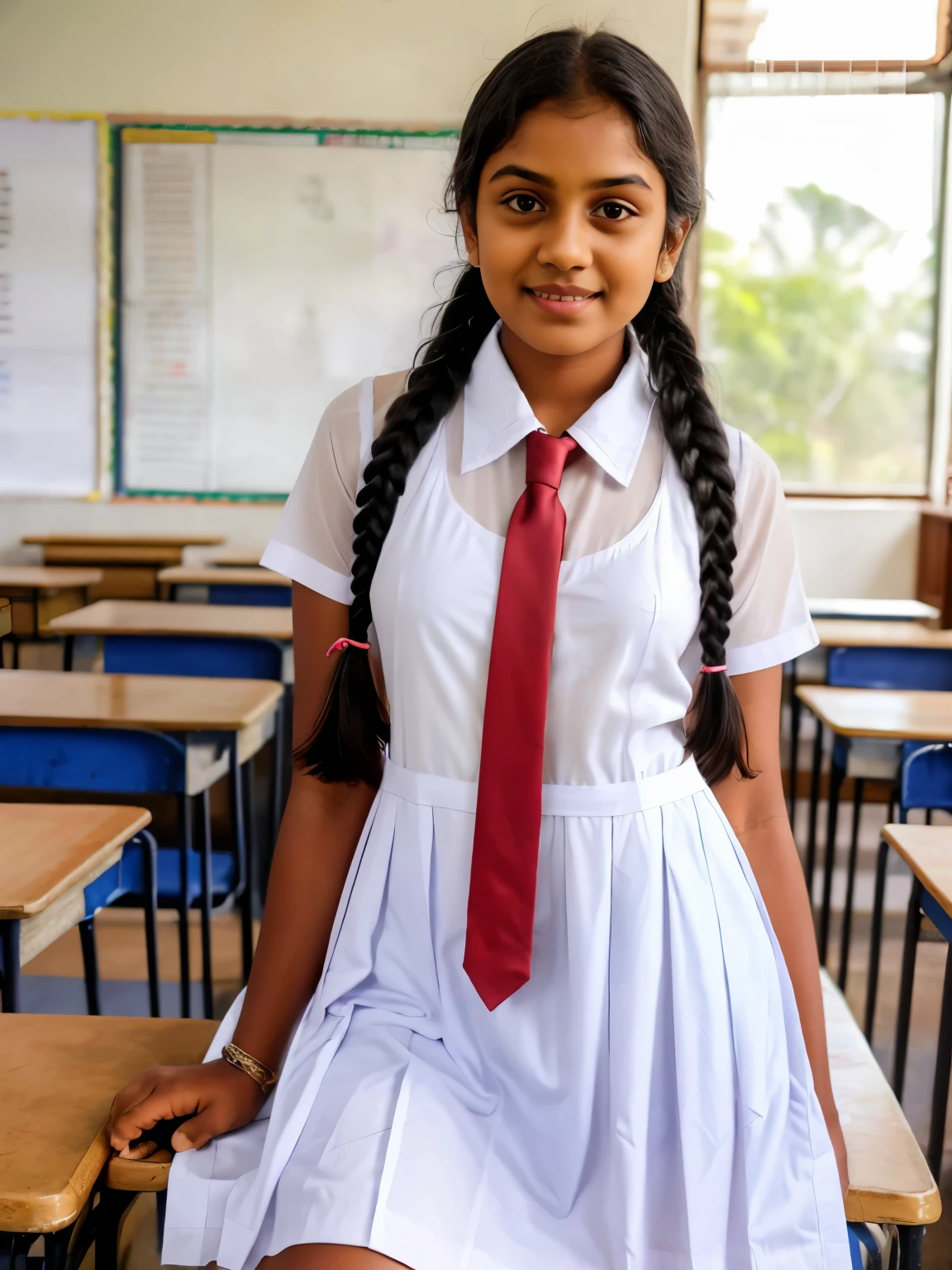 Srilankan school girl , school white frock,in the classroom, frock with pockets , braided hair with plait, wearing white vest camisole as a undergarment , see through 