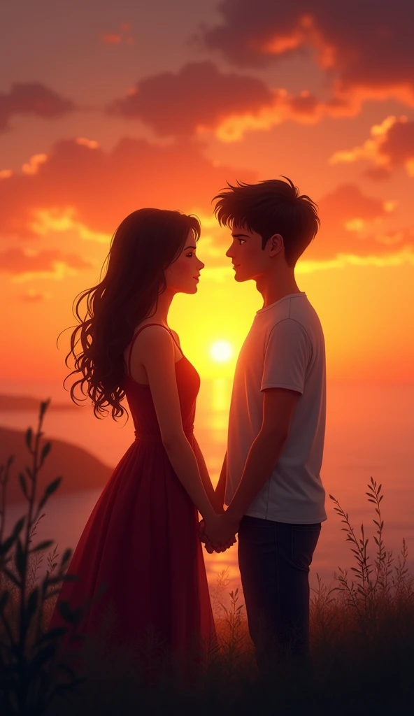 The couple(young man and woman )standing or sitting together during sunset, with the warm glow of the sun creating a romantic atmosphere. They could be gazing at the horizon or at each other, with the sunset light casting a soft glow on them.