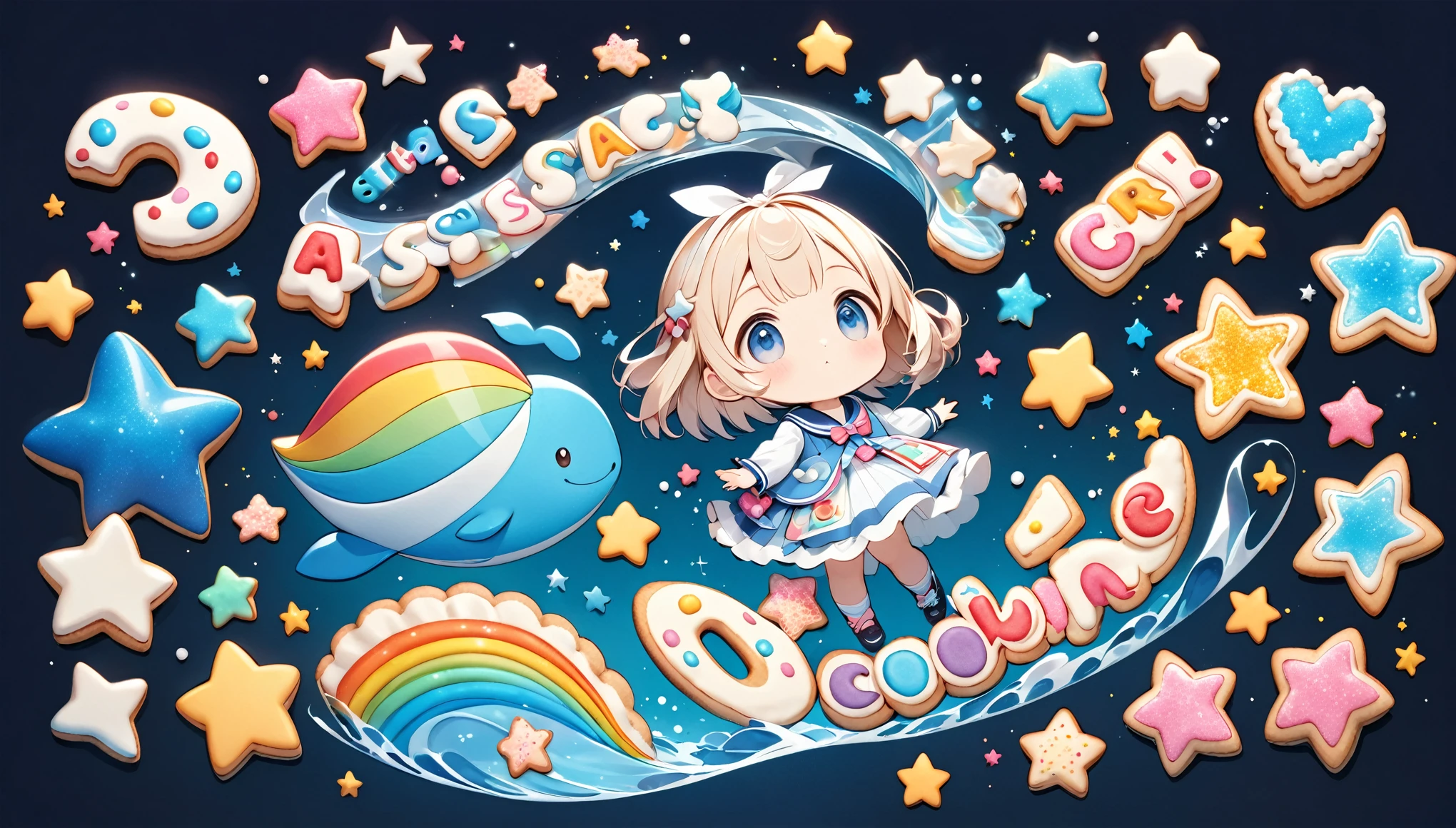 Minimal Deformation, cute, Fix the girl to the bottom right:1.37, Collect small star-shaped cookies to make words, "S","It is","a", Character, Letters made of tiny cookies, Only the parts that form the letters are colorfully sugar coated, Transparent deep sea background,