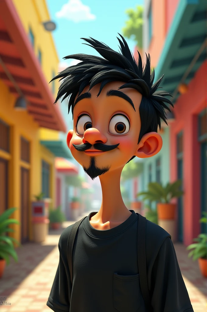 A Brazilian ager in a colorful school, wearing a black shirt, short spiky hair, small eyes, big ears and nose, greeneyes, Mustache and goatee, looks like he&#39;s 22 years old, very white, Scrawny,