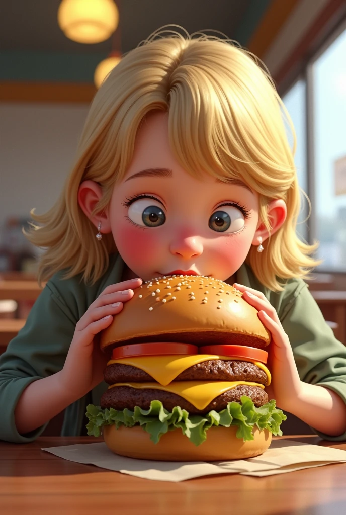 fat blond teenager eating a hamburger with lots of cheese and more