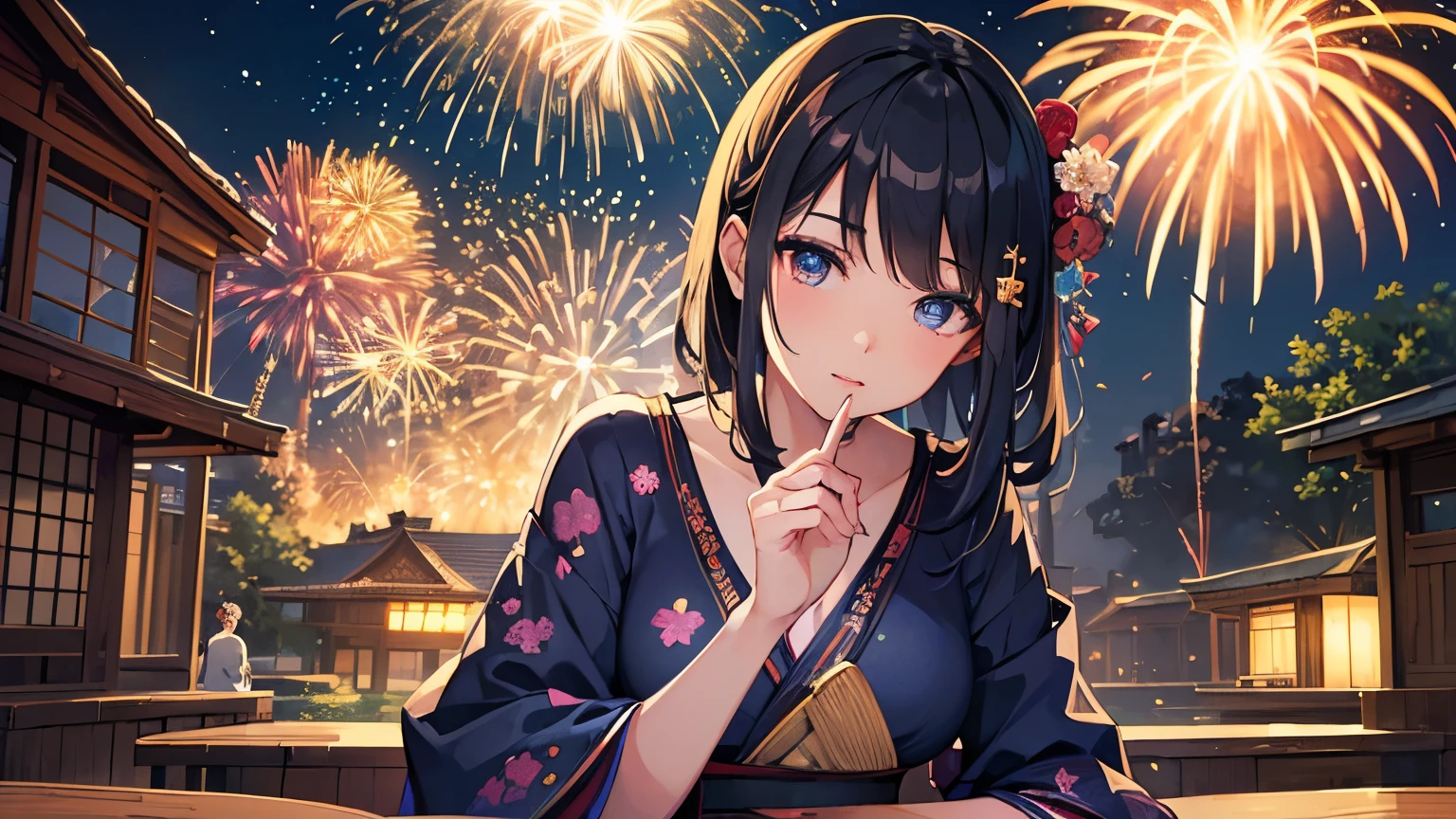 masterpiece,highest quality,(((Super Detailed Woman1))),Super detailed face,Super detailed eye,yukata,Sitting,day time,Fantasy,Calm,nebula,High resolution,(((firework)))