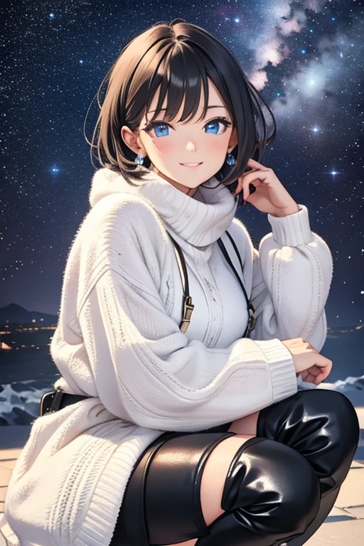 A lady with silvery short hair and blue eyes, Cheeky Smile, Condescending look, Gazing at the viewer, Highly detailed and realistic, masterpiece quality, Very detailed, High resolution, Vibrant colors, Physically Based Rendering, High-definition background, (distance view:1.5), (starry sky:1.3), (white sweater), ehite coat, (wearing black knee high long boots:1.5)