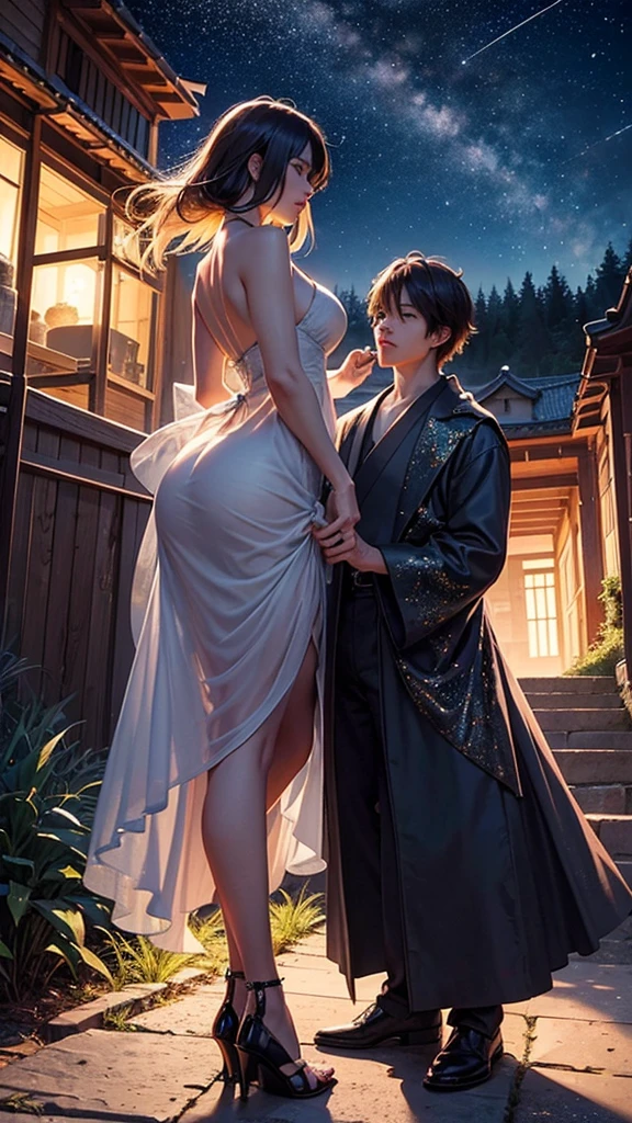 A wide-angle view captures the essence of a masterpiece, showcasing the impeccable quality and hyperrealism in the style of Makoto Shinkai. The scene depicts a breathtaking hillside where a couple's silhouettes stand, gazing at the glittering cityscape of Japan at night. The sky is adorned with a myriad of stars, and a shooting star streaks across, illuminating the area beside the characters' faces. This magical and romantic atmosphere is further enhanced as the couple's figures blend seamlessly with the distant lights, creating a mesmerizing composition.
Generate