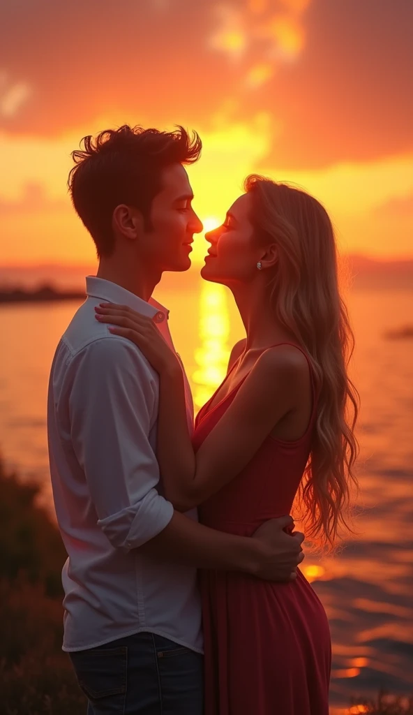 Realistic image of the couple , The couple(young man and woman )standing or sitting together during sunset, with the warm glow of the sun creating a romantic atmosphere. They could be gazing at the horizon or at each other, with the sunset light casting a soft glow on them.