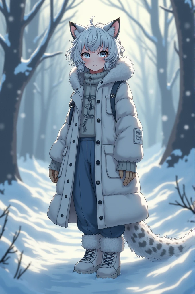 1 female, snow leopard demihuman, pretty, adult female, fluffy ears, narrow eyes, cold stare, fluffy tail, snow leopard ears and tail, human body, silver eyes, curly messy white hair, inside a snowy forest background, a anime artstyle, detailed, wearing regular clothes, semi-realism, adult female, HD, soft colors, unique posing, dynamic camera angle, dynamic.