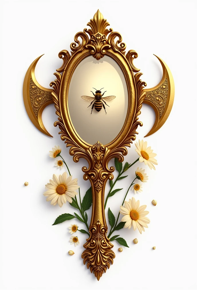 A logo, with a golden and ornate hand mirror, in the center a bee and behind two golden Viking axes. and flowers, white background