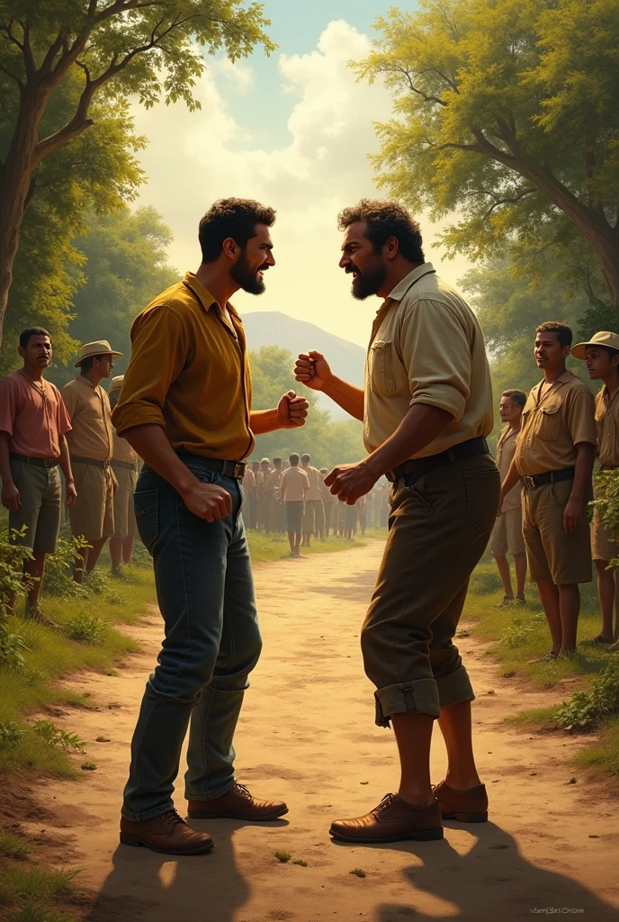 A dirt road surrounded by thick vegetation, where two figures are seen facing each other in a dispute. A young man, with a frown and clenched fists, He faces another man from the village, both clearly angry. The afternoon sun creates long shadows, intensifying the tension of the moment. around, Some peasants watch from a distance, with expressions of concern and expectation. set in Costa Rica XIX