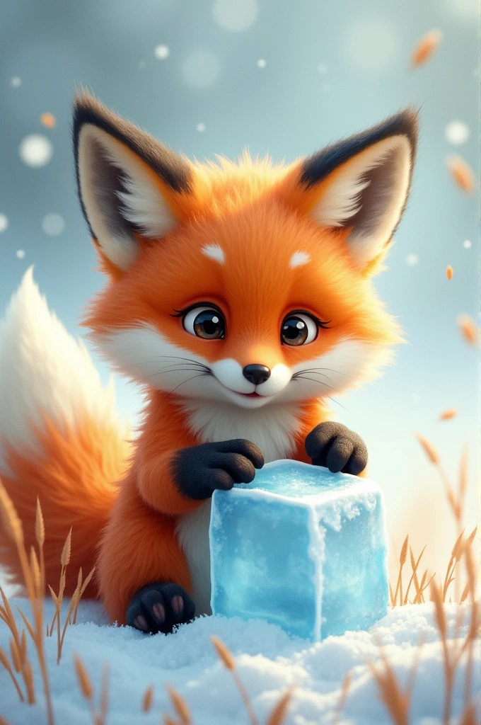 Fox plying with ice cube like a little baby