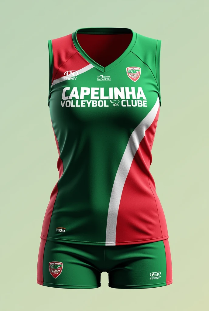Women's volleyball uniform with the name CAPELINHA VOLEIBOL CLUBE in green, white and red.