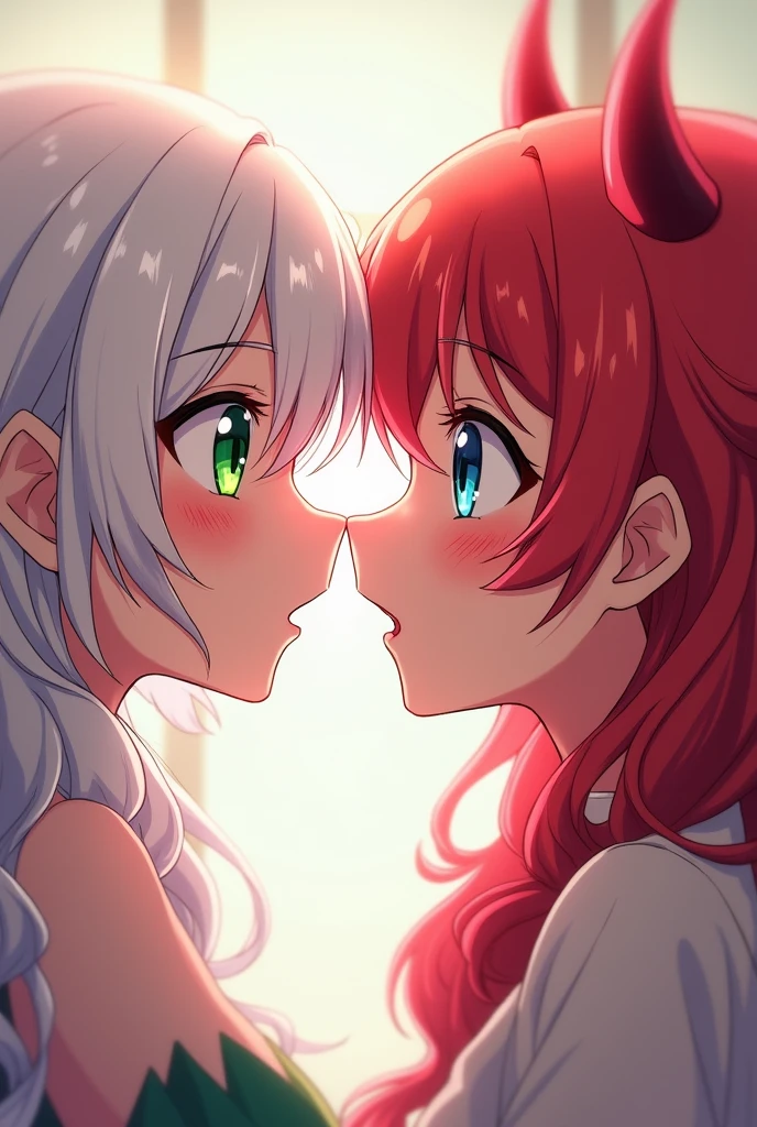 2 anime women pressing their noses against each other firmly, Their noses arching upwards from pressing up against each other. one with long wavy white hair, green eyes and pale skin. the other with curly fluffy red hair and small demon horns, blue eyes, and pale skin.
