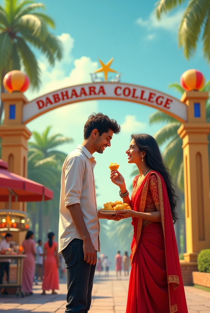 There should be a college, the college should have a big gate, 'Dabhaara College' should be written on the gate, there should be a golgappe stall near the gate, near that golgappe stall there should be a boy whose shirt is white and jeans are black, there should be a girl who is wearing a red salwar suit, who has a plate of golgappas in one hand and a golgappa in the other hand, which she is feeding the boy with her hands and there are other people near the boy and the girl