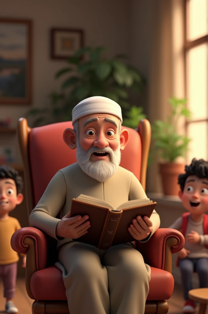 A Muslim old man sitting on his rocking chair in the middle of the living room, kids are playing in the background. He holds a photo album in his both hands. Have a gentle smile on the face. Looking towards the photo album. 3d animation