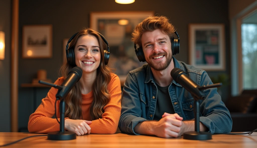 A realistic image of a podcast room featuring a beautiful young woman and a handsome young man. Both are sitting at a table with big, genuine smiles on their faces, exuding happiness and warmth. They each wear headphones over their ears, connected to microphones on the table. The room is well-lit with soft, ambient lighting, and there are subtle decorations in the background like framed posters or soundproofing panels. The overall vibe is professional yet inviting, capturing the excitement and joy of recording a podcast together."






